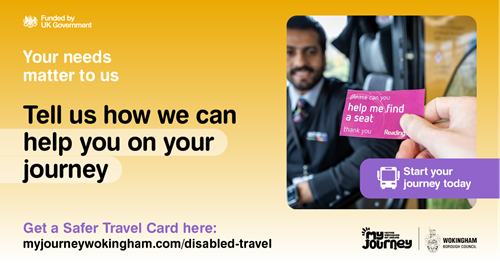 A person holds a card saying 'please can you help me find a seat',  up to a bus driver. The text on the image says 'Tell us how we can help you on your journey. Your needs matter to us'